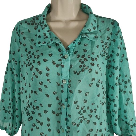 Wishful Park Green Button Up Skull Printed Blouse Top Sheer Women Size L 3/4 Slv - Picture 2 of 8